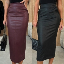Fashion High-rise Back Slit Artificial Leather PU Slim-fit Skirt