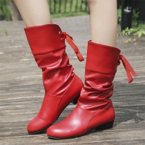 Round Toe Low Thick Heel Ribbon Back Mid Calf Boots