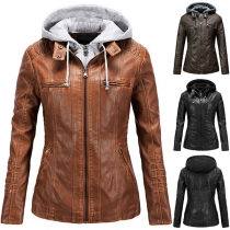 Fashion Detachable Drawstring Hooded Long Sleeve Multi-pockets Plush-lined Artificial Leather PU Jacket for Women