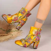 Retro Embroidered Chunky Heel Ankle Boots