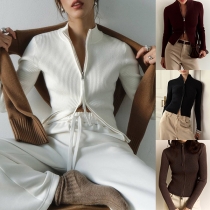 Fashion Front Zipper Stand Collar Long Sleeve Ribbed Cardigan