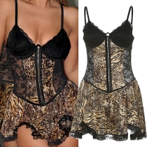 Sexy Leopard Printed Front Bucklet Lace Spliced Corset Nightwear Dress