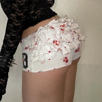 Cherry-Printed Ruffle-Trim Pleated Elastic Waist Shorts