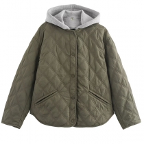 Fashion Contrast Color Hooded Long Sleeve Front Button Quilted Coat