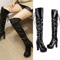 Patent Leather Over-Knee Boots with Ruched Design and Stiletto Heel