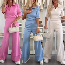 Fashion Solid Color Two-piece Set Consist of Polo-neck Crop Top and Wide-leg Pants