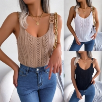 Fashion Hollow Out Low-cut Neckline Buckle Shoulder Strap Sleeveless Shirt
