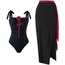 Fashion 3D Rose Two-piece Swimming Suit Consist of Monokini and Wrap Swimming Cover-up Skirt