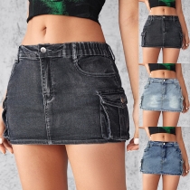 Fashion Low-rise Side Patch Pockets Elastic Waist Mini Denim Skirt