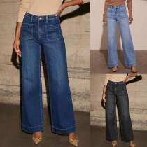 Fashion Front Patch Pockets Straight-cut Old-washed Denim Jeans
