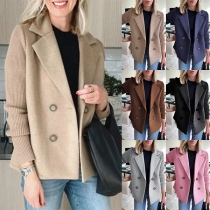Fashion Notch Lapel Double-breasted Ribbed Spliced Long Sleeve Blazer