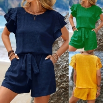 Casual Solid Color Two-piece Set Consist of Ruffle Shirt and Self-tie Shorts