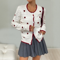 Fashion Contrast Color Heart Printed Front Button Knitted Cardigan