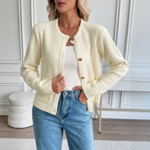 Casual Front Metal Button Patch Pockets Long Sleeve Knitted Cardigan
