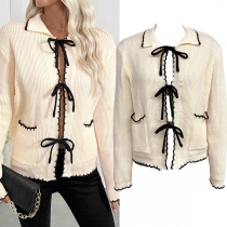 Fashion Contrast Color Stand Collar Front Bowknot Patch Pockets Long Sleeve Knitted Cardigan