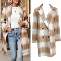 Vintage Plaid Notch Lapel Long Sleeve Double-breasted Longline Jacket