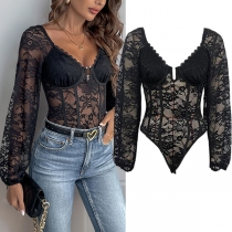 Fashion U-shape Necklace Push-up Long Sleeve Lace Bodysuit
