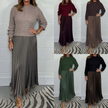 Fashion Crew Neck Long Sleeve Knitted Spliced Pleated Maxi Dress