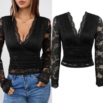 Fashion V-neck Long Sleeve Semi-through Lace Shirt