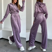 Fashion Sporty Purple Two-piece Set Consist of Crop Hoodie Sweat-jacket and Sweatpants