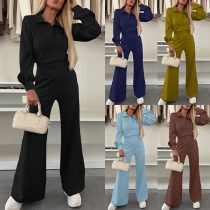 Fashion Solid Color Two-piece Set Consist of Shirt and Wide-leg Pants