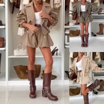 Fashion Solid Color Two-piece Set Consist of Notch Lapel Jacket and Ruffle Shorts