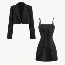 Fashion Stripe Printed Two-piece Consist of Crop Blazer and Bodycon Dress