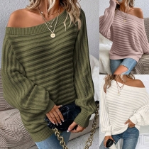 Fashion Slant Shoulder Batwing Sleeve Ribbed Knitted Sweater