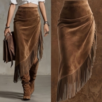 Vintage High-rise Ruched Irregular Hemline Tassel Skirt