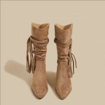 Vintage Pointed-toe Block Heeled Braided Tassel Artificial Suede Boots