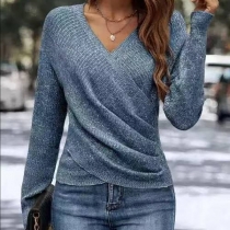 Casual Solid Color Cross V-neck Long Sleeve Irregular Hemline Knitted Shirt