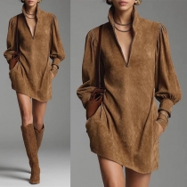 Women's Faux Suede Mini Dress - Half-Zip Stand Collar Lantern Sleeve Shift Dress with Pockets