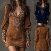 Vintage Floral Printed V-neck Puff Long Sleeve Artificial Suede Mini Dress