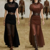 Western Boho Sheer Maxi Dress - Ruched Mesh Overlay with Drop Waist and Sheer Flowy Hem