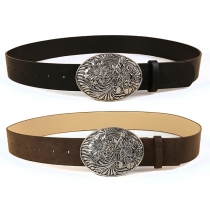 Women's Western Faux Leather Belt - Vintage Floral Engraved Oval Buckle