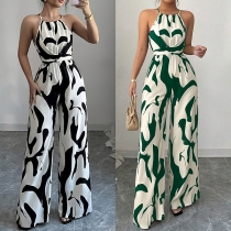 Fashion Halter Neck Cow Print Wide-leg Jumpsuit