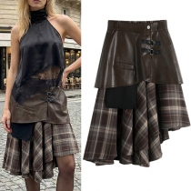 Brown Faux Leather & Plaid Patchwork  Asymmetrical Midi Skirt -PU Leather Overlay & Tartan Plaid Handkerchief Hem