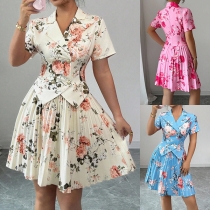 Floral Printed Two-piece Set Consist of Short Sleeve Lapel Crop Shirt and Pleated Skirt