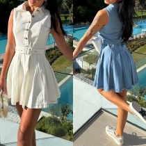 Vintage Lapel Collar Front Button Sleeveless Pleated Hemline Denim Dress with Belt