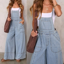 Vintage Square Neck Patch Pockets Wide-leg Old-washed Denim Suspender Jumpsuit