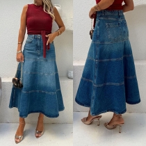 Vintage High-rise Tiered Old-washed Denim Midi Skirt