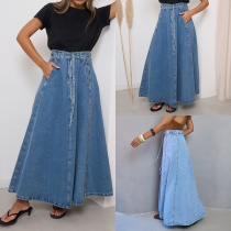 Street Fashion High-rise Side Pockets Self-tie Old-washed Denim Maxi Skirt