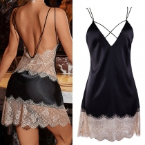 Sexy Cross V-neck Backless Lace Spliced Nightwear Slip Dress
