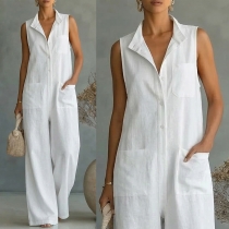 White Relaxed Fit Utility Jumpsuit - Sleeveless Wide Leg with Patch Pockets