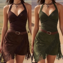 Western Chic Halter Dress - Ruched Bodycon Mini with Asymmetrical Fringe Hem