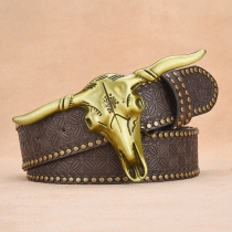 Men's Vintage Western Cowboy Belt with Large Bull Skull Buckle - Studded Embossed PU Leather Strap