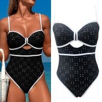 Elegant Eyelet Textured One-Piece Swimsuit - Contrast Color Trim & Cutout Detail