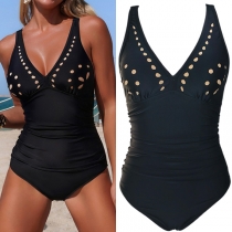 Women's Ruched Tummy Control One-Piece Swimsuit - Hollow Out Bust Detail. Open Back with Adjustable Straps