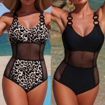 Sexy Black/Leopard Print Mesh Panel Swimsuit Monokini -Ring Straps & Criss-Cross Back Detail