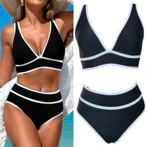 Retro Chic Sporty Two-Piece Swimwear: Contrast Trim Crop Top & Tummy Control Bottoms